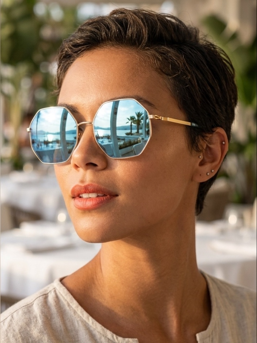 MYKITA Octagonal designer Sunglasses with Blue Mirrored Lenses and Gold Frame